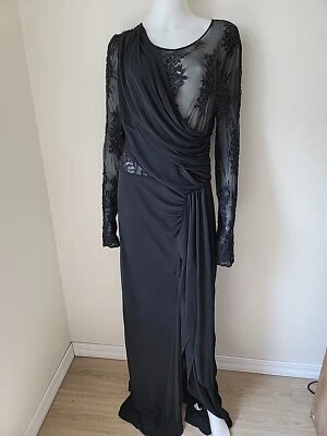 Vestido Allen B SCHWARTZ Negro Transparente Cuentas Formal Vestido Encaje Cortina Elastizado Foto 1 de 4