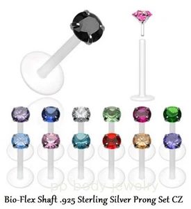 16g 5/16" Bio Flex Push-In .925 Sterling Silver 2mm CZ Prong Set Labret Stud - Picture 1 of 1