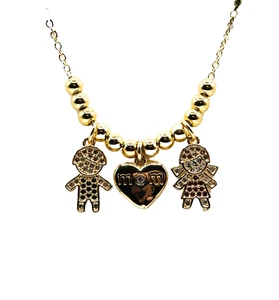 Collar Colgante Tono Dorado Mamá con Dijes de Cristal para Mamá, Niño y Niña - Imagen 1 de 2