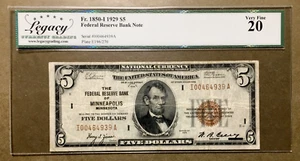 1929 $5 FRBN [] MINNEAPOLIS [] RARE [] Serial I 0 0 4 6 4 9 3 9 A - Picture 1 of 3