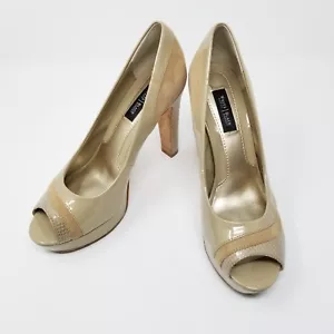 WHBM Platform Peeptoe Pumps Womens US 7.5 M Neutral Beige Leather Snakeskin - Picture 1 of 8