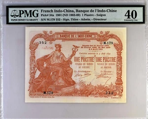 French Indochina 1 Piastre 1901 Pick 34a Signature: Le Directeur. PMG 40. RARE - Picture 1 of 2