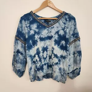 Camisa Boho Fluida Mujer Tie Dye Mujer Mediana Azul Manga 3/4 Bordada Azteca - Imagen 1 de 10