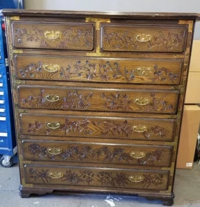 Asian Oriental Antique Hand Carved Ornate Solid Wood High Boy Chest Dresser - Picture 1 of 20