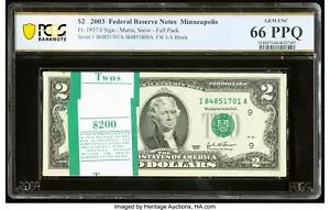 FULL PACK OF 100 $2 2003 FEDERAL RESERVE NOTES MINNEAPOLIS PCGS 66PPQ FR.1937-I - Picture 1 of 2