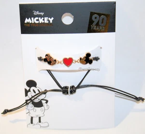 Disney Mickey & Minnie Mouse Corazones Dije Pulsera Ajustable Cordón Negro 90TH - Imagen 1 de 2