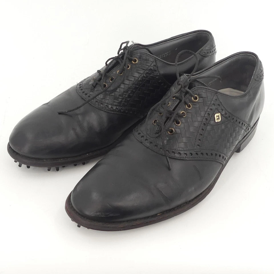 Vintage FootJoy Classics Dry Golf Shoes Mens 11 D Black Leather Woven USA Spikes - Image 1 of 4