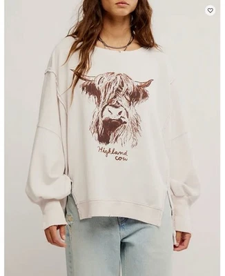 Free People Camden Oversized Lightweight Highland Cow Sweatshirt M NWT - Image 1 of 4
