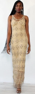 VTG Speigel maxi dress gown ecru crochet knit crystal beads fringe XL BOHO GLAM - Image 1 of 4