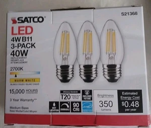 Pack Satco S21368 LED Filament 120V 4W B11 Dimmable Medium E26 2700K Warm White - Picture 1 of 1