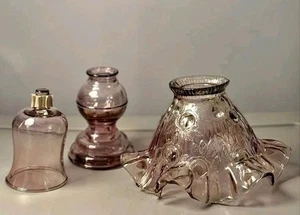 3 Pc Fenton Art Glass Cabbage Rose Dusty Pink Fairy Lamp Shade Insert And Base! - Picture 1 of 3