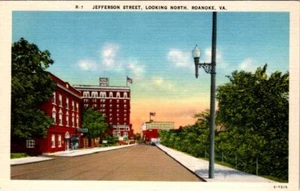 Postal de lino Roanoke Virginia VA Jefferson Street mirando hacia el norte UNP - Imagen 1 de 2