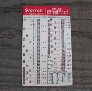 Vintage STARRETT Tap Drill Size Decimal Equivalents Pocket Card Chart USA - Picture 1 of 2