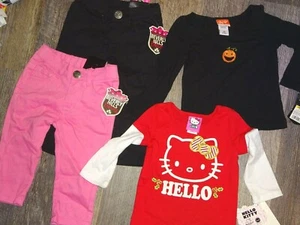 LOT girls 2 denim pants jeans & 2 t-shirts tops hello kitty ~12 months 12m - Picture 1 of 4