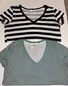 Victorias Secret PINK Short Sleeve V-Neck T-Shirts Striped B&W - Teal Size Lg X2 - Picture 1 of 19