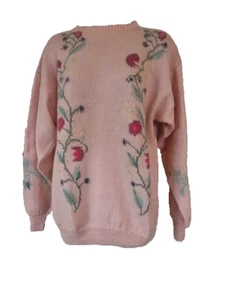 Nordstrom Sweater England Vintage 80s NWOT Wool Salmon Pink Floral Vines Pullon - Picture 1 of 13
