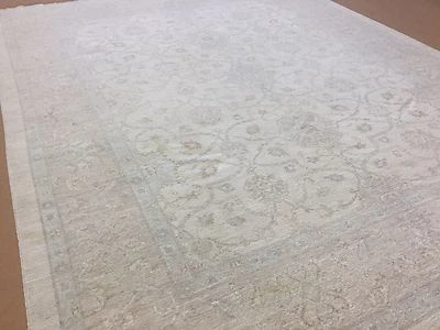 7'.9" X 9'.9" Beige Light Blue Very Fine Muted Oushak Oriental Rug Hand Knotted - Image 1 of 4