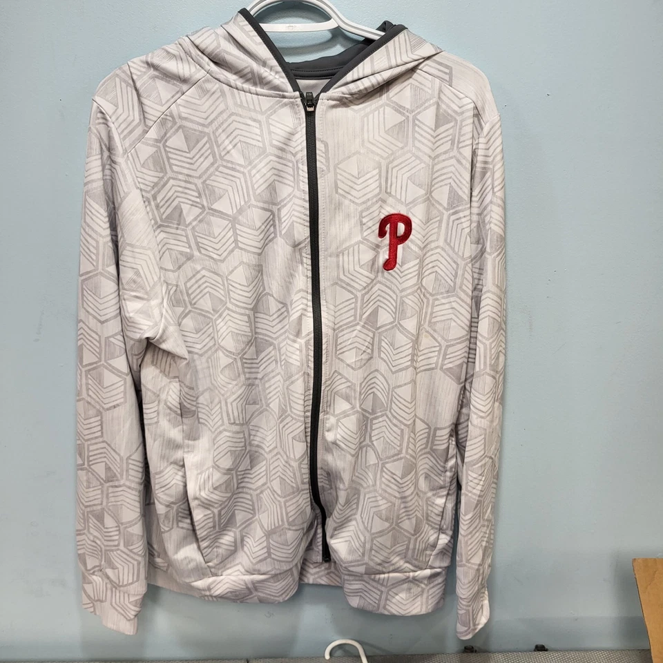 Philadelphia Phillies Antigua Zip Up Jacket L mens White with Gray Zig Zag Patte - Image 1 of 4