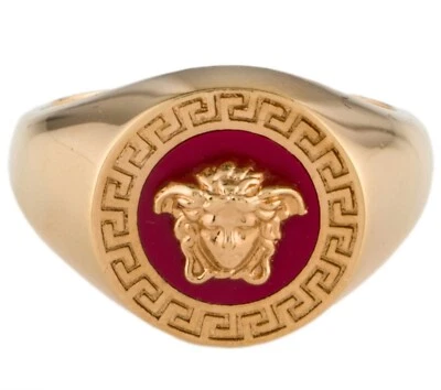 NIB Versace Medusa Logo Red Enamel Round Gold Brass Signet Ring 17 US 8 $595 - Image 1 of 4