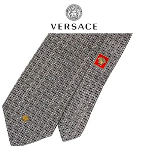 Gianni Versace Medusa Black Tie - Black Grey Greca Print Silk Italy Necktie - Picture 1 of 12