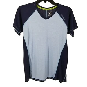 Brooks Running Athletic Tee Shirt Navy Light Blue V Neck Womens Top Medium M - Picture 1 of 11
