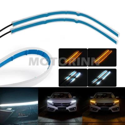2X30CM Slim Amber Sequential Flexible LED DRL Turn Signal Strip Headlight White - Image 1 of 4