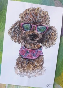 Poodle Dog Original painting Pen Watercolor Portrait pet 8x5.5'' Stylized - Picture 1 of 4