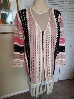 Pol Fringed Striped Crochet Cardigan Size Medium M Long Sleeve Open Front  - Image 1 of 4