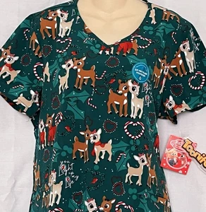 Rudolph the Red Nosed Reindeer Scrub Top Womens Size Large Nurse Uniform Clarice - Picture 1 of 6