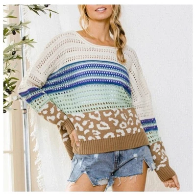 Ces Femme Women's Boho Open Knit Sweater Animal Print Stripes Mint Green Blue - Image 1 of 4