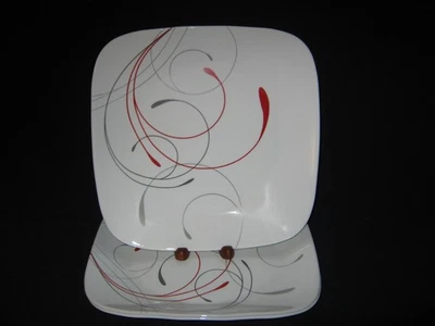THREE {3} CORELLE SPLENDOR 10 1/2" RED & GRAY SWIRLS SQUARE DINNER PLATES {NICE} - Image 1 of 2
