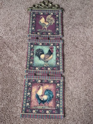 Vtg French Country Tapestry Roosters W Resin Wall Hanging 44"×14" Farm Chicken - Image 1 of 4