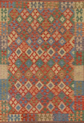 Alfombra de tejido plano oriental Kilim alfombra de lana geométrica de 5x7 pies alfombra suroeste Foto 1 de 4