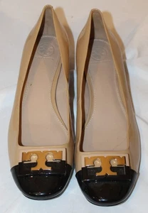 Tory Burch 10 Gigi Color Block Cap Toe 1" Heel Pumps Beige Black Patent Leather - Picture 1 of 8