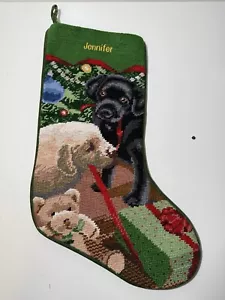 Labrador Puppy Needlepoint Jennifer Embroidered Green Christmas Stocking Xmas - Picture 1 of 6