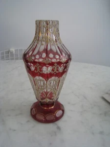 Antique Bohemian Cut to Clear Glass painted Red Cranberry Vase - 10" tall - Picture 1 of 9