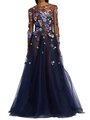 $8990 Oscar De La Renta Embroidered Pansy Tulle Gown Maxi Dress Navy Size 6 - Image 1 of 4