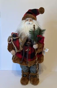 18" Santa. Buffalo Check Coat Faux Fur Trim. Staff With Bird By Valerie Parr Hil - Picture 1 of 5