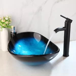 Rubinetto lavabo vaso vetro temperato ovale F per bagno pop-up scarico combo rubinetto set - Foto 1 di 11