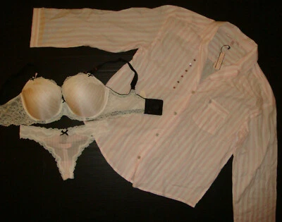 Victoria's Secret 34DDD бюстгальтер комплект + M PJ рубашка в полоску розовый белый кружева DREAM ANGEL - Изображение 1 из 4