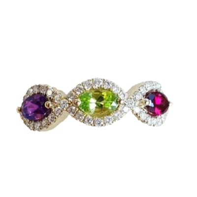 0.92ct Natürlich Rund Diamant 14k Gelbgold Rubin Amethyst Peridot Ring - Bild 1 von 4