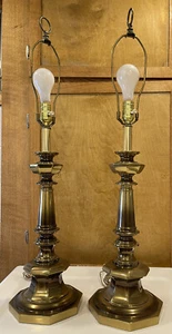 Vintage Heavy Brass Column  Lamps Hollywood Regency MCM - Picture 1 of 12