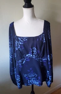 Old Navy Women’s XL Top Long Sleeve Square Neck Smocked Back Floral Blue - Picture 1 of 13