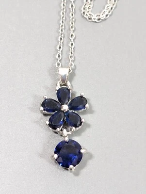 Collar de cadena azul redondo flor circonita cúbica colgante tono plata 20 pulgadas Foto 1 de 4