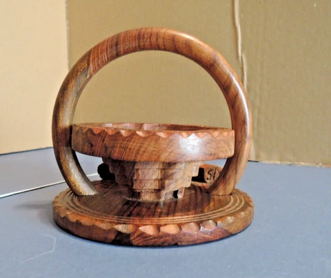 Vintage Carved Bowl Collapsible Accordion Floral Wooden Basket Cover