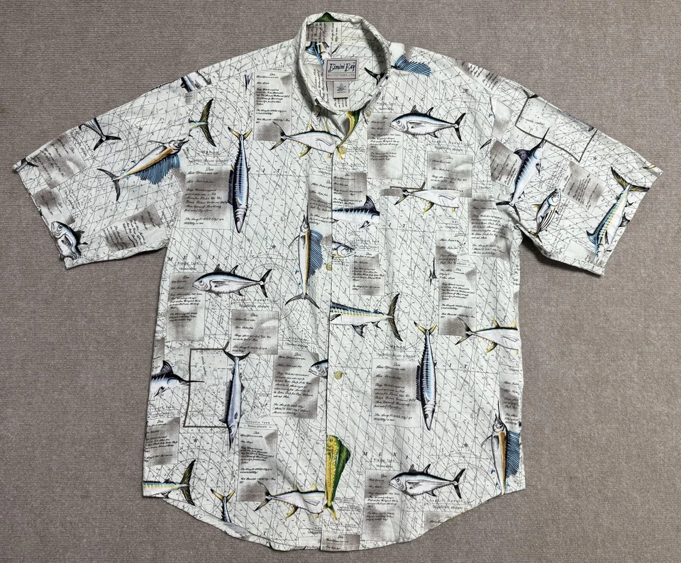 Camisa Bimini Bay Outfitters Para Hombre Grande Blanca Pesca Hawaiano Pez Estampado Algodón Foto 1 de 4