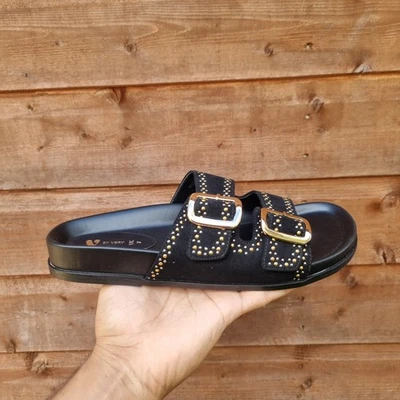 V By Very Women’s Black Double Buckle Studded Footbed Sandals – Size UK 7 - New - Image 1 of 4