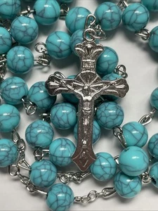 Imitation pearl Turquoise Color Beads  Women’s Rosary medal Cross Crucifix Neckl - Picture 1 of 7