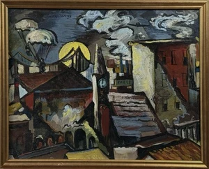Vintage Modernist Nocturne Cityscape, Signed (c. 1948, Oil on Canvas) - Picture 1 of 8