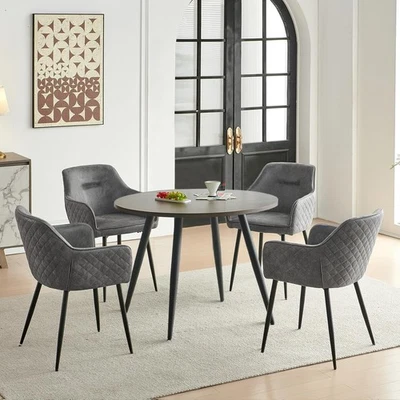 Grey Faux Suede Dining Set 4 Chairs + Walnut Round Table | 2–4 Seater Compact - Image 1 of 4